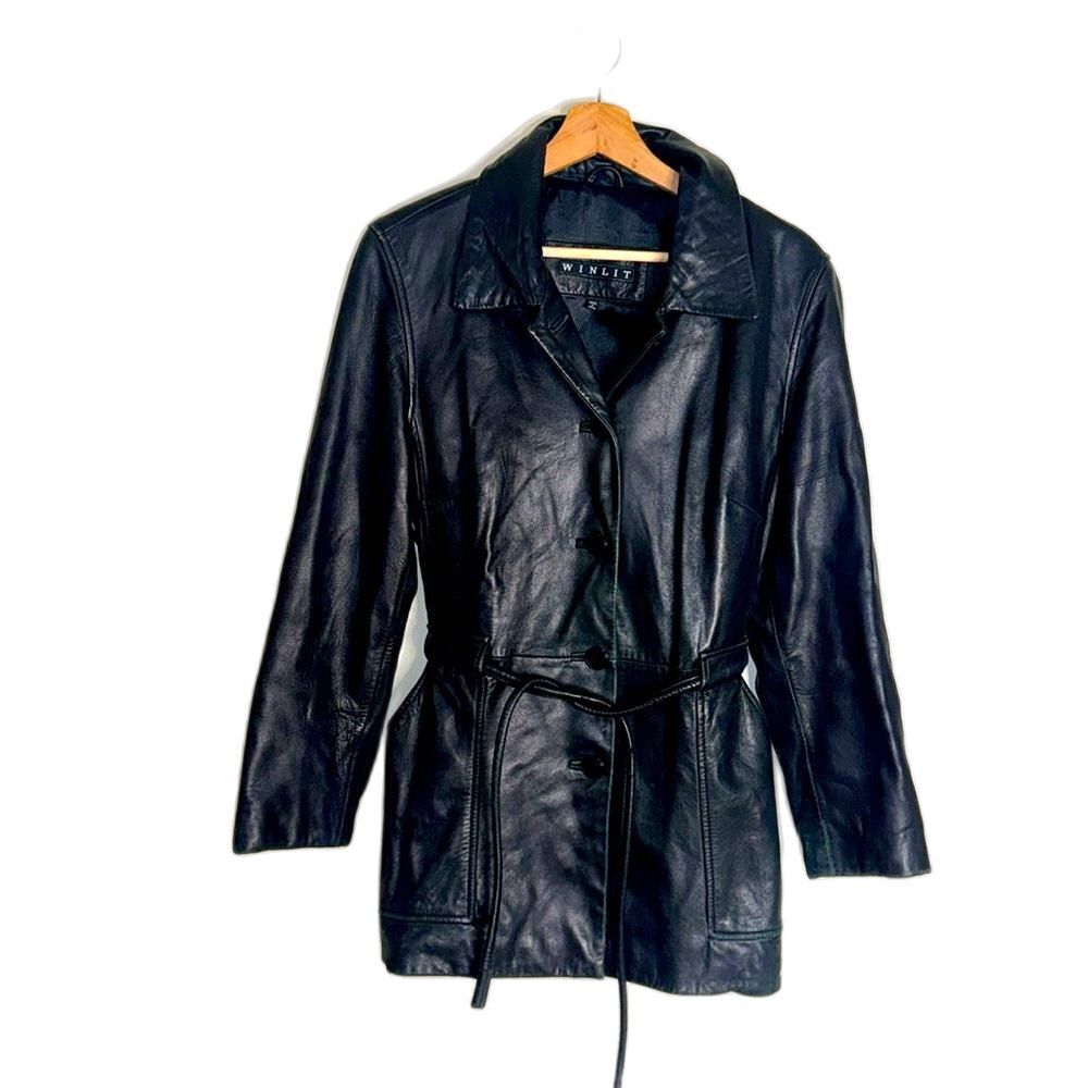 Vtg winlit ladies Y2K black leather jacket cinch waist size small retro‎